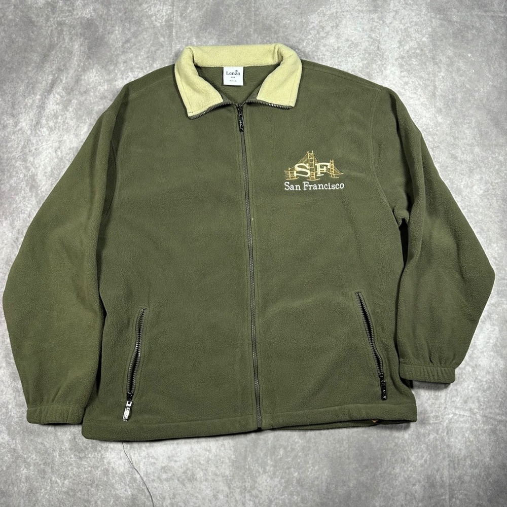 Vtg 90s Lanza San Francisco Fleece Jacket Mens XL Full Zip Olive Golden Gate
